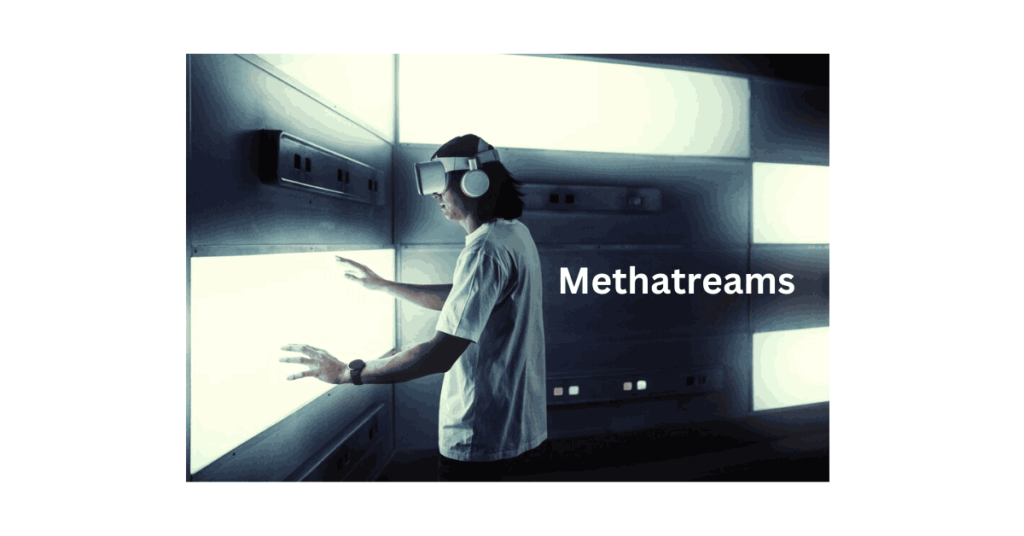 A futuristic digital platform showcasing Methatreams, with users wearing VR headsets interacting in a vibrant, immersive 3D environment. The scene includes virtual concert stages, interactive movie screens, and avatars socializing in a metaverse-like space.